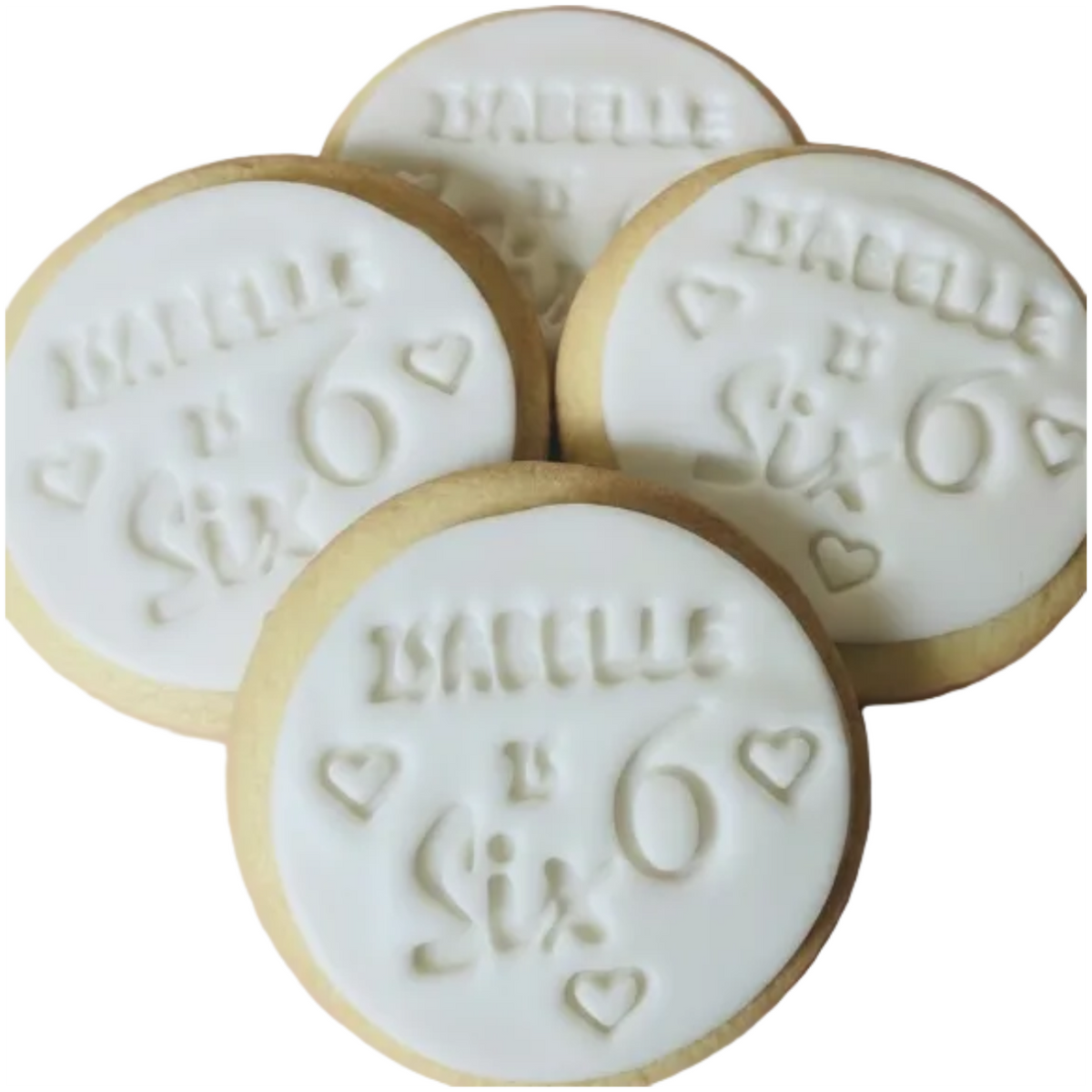 Personalised 6th birthday round white signature vanilla sugar biscuits. Each biscuit is embossed with the name.